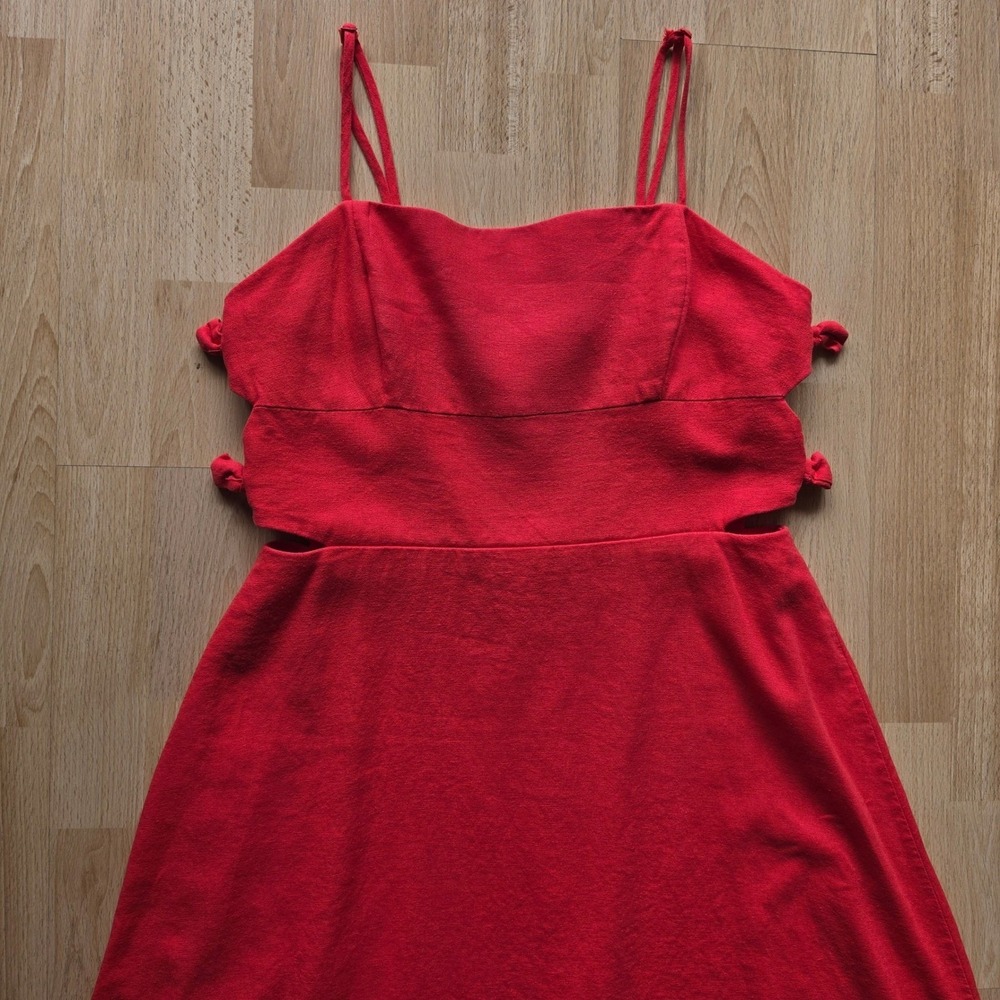 WAYF Red Linen Blend Side Cutout Midi Dress Womens Large Smocked Back Summer - Picture 3 of 11
